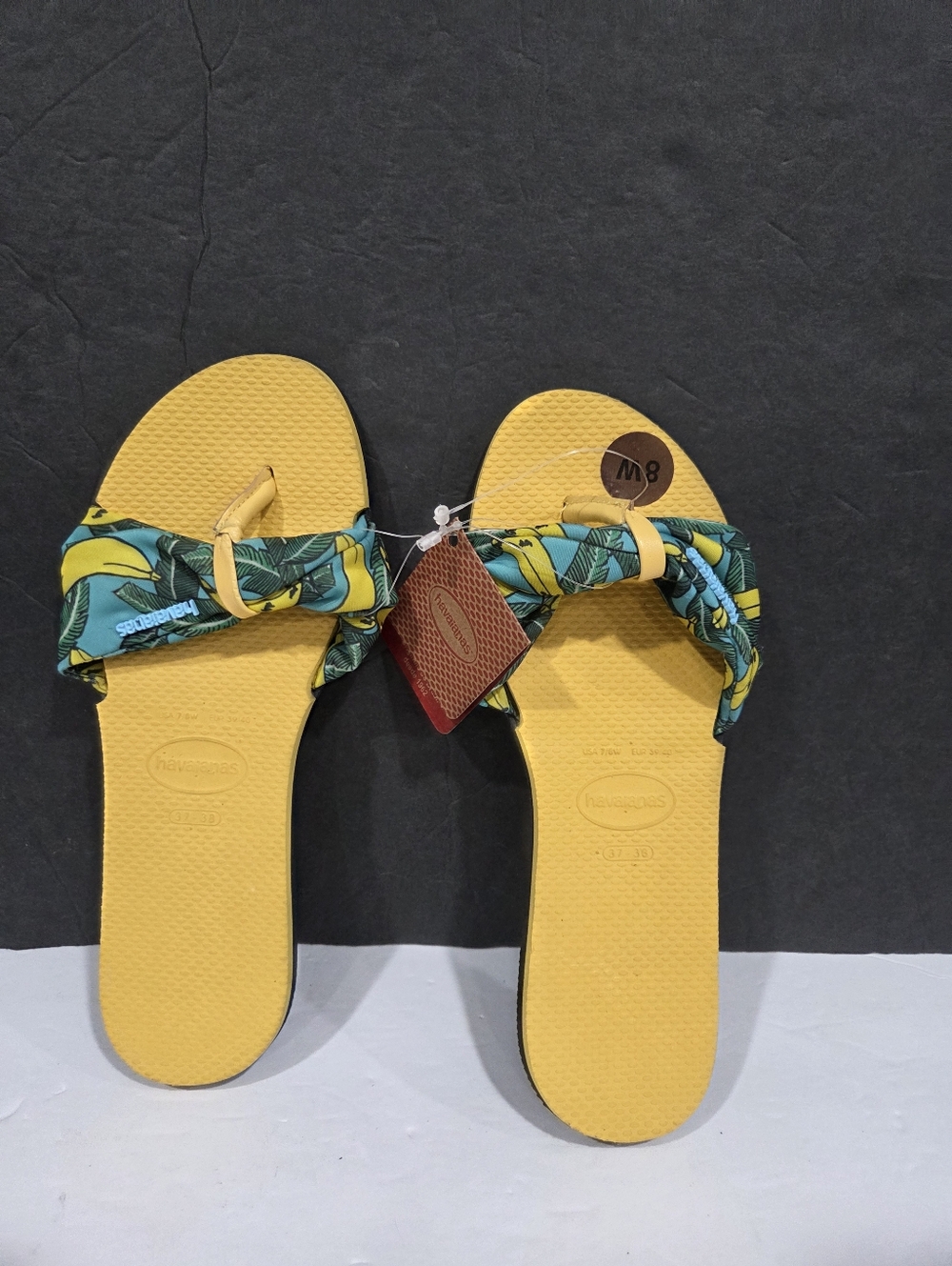 Havaianas Yellow Flip Sandals with Tropical Blue-Green Wrap Sz. 7-8